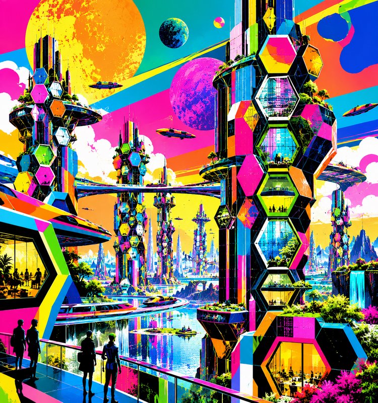 Bright pop art futuristic alien city with hexagonal skyscrapers, flying shuttles, and colorful planets in a vivid sky