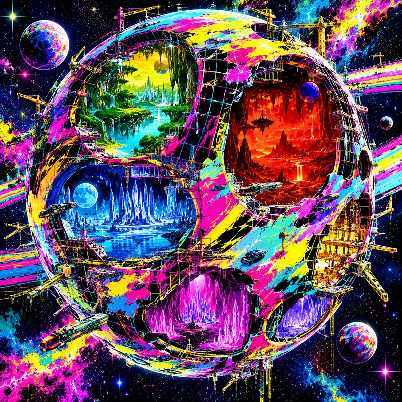 Colorful partially built dyson sphere holding varied alien biomes floats in a vibrant star-filled cosmos