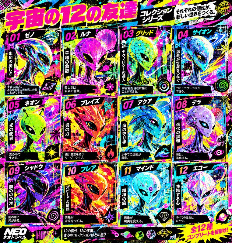 Vibrant retro pop art grid of 12 unique stylized alien character trading cards from a fictional Japanese collection