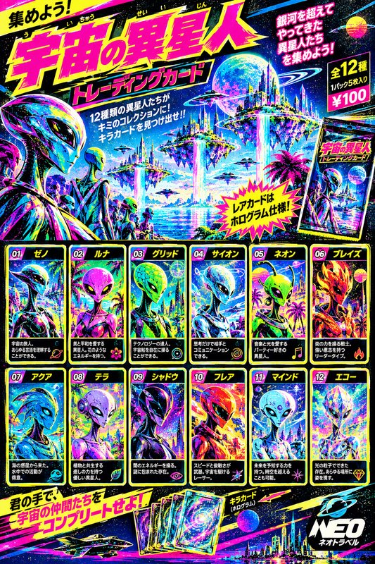 Vibrant retro Japanese ad for a 12-piece alien collectible trading card set with neon sci-fi artwork