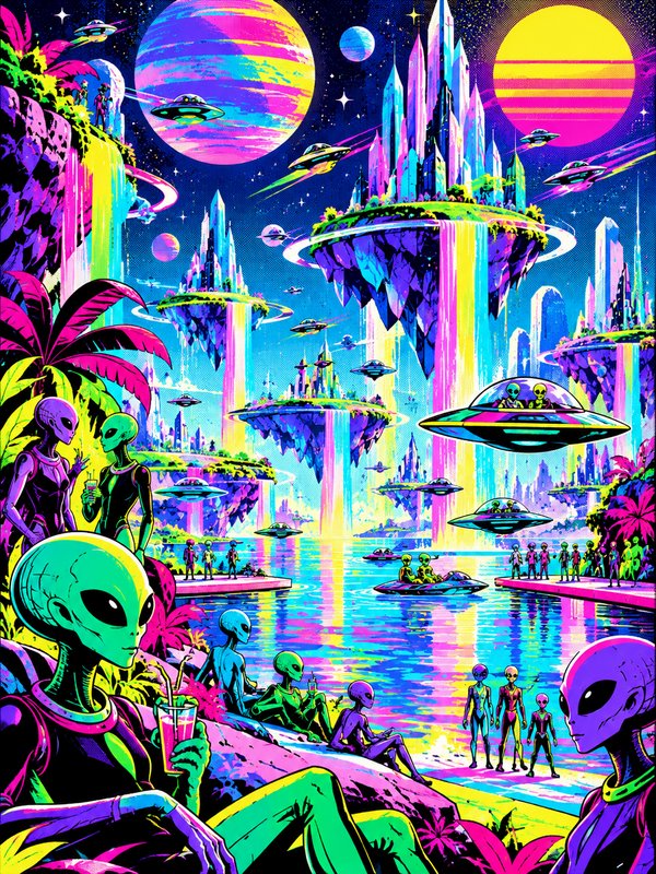 Vibrant neon alien utopia with floating crystal cities, flying saucers, and humanoid aliens relaxing by glowing waterfront