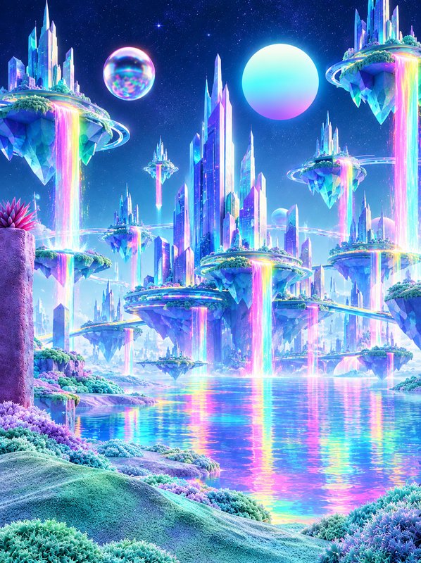 Surreal floating crystal fantasy city with rainbow waterfalls rests above an iridescent alien lake under a starry sky