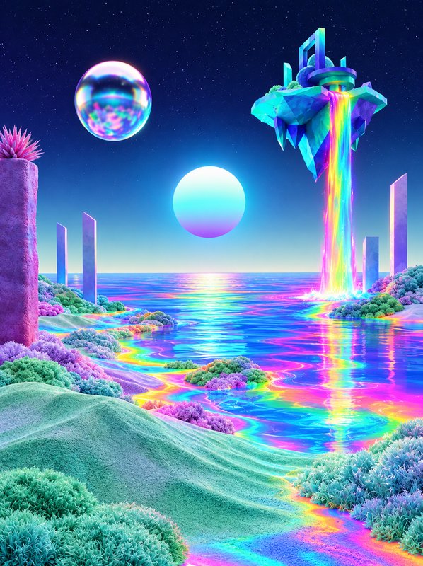 Surreal alien fantasy landscape with rainbow waterfall, glowing orbs, pastel foliage and iridescent starry sky