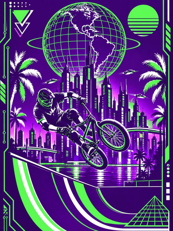 BMX rider catching mid-air jump from a ramp above a neon futuristic cyberpunk city