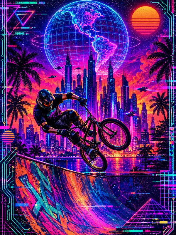 BMX rider catching air on a neon skate ramp in a glowing cyberpunk synthwave cityscape
