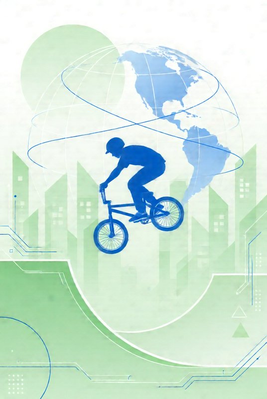 Silhouetted BMX rider mid-jump above a skate ramp with globe and city skyline backdrop