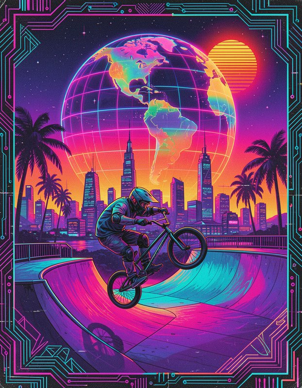 BMX rider catches air on a neon skate ramp beneath a glowing wireframe globe and retro-futuristic city skyline