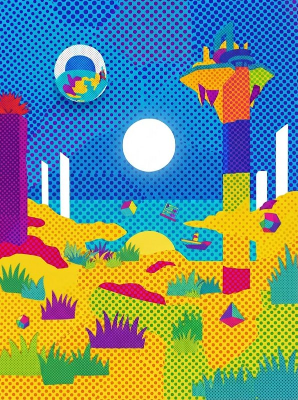 Bright halftone pop art surreal alien landscape with twin celestial orbs and angular futuristic towers
