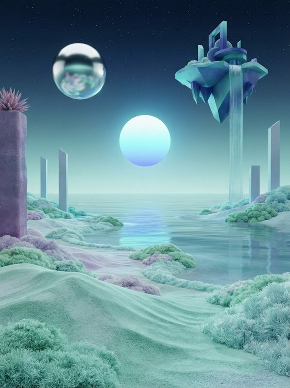 Surreal pastel alien dreamscape with glowing orb moon, floating geometric island, and calm coastal waters