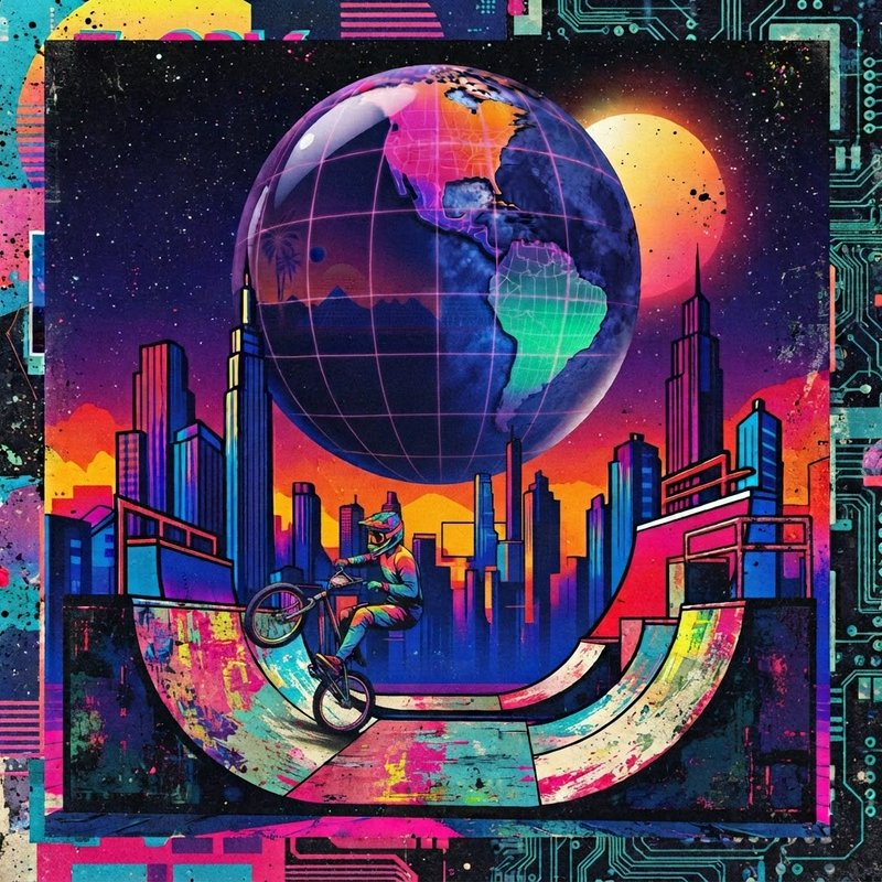 BMX rider performing on a painted half pipe beneath a giant glowing globe above a neon cyberpunk city skyline