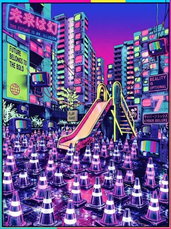Surreal vaporwave city street with a playground slide surrounded by traffic cones and glowing neon signs