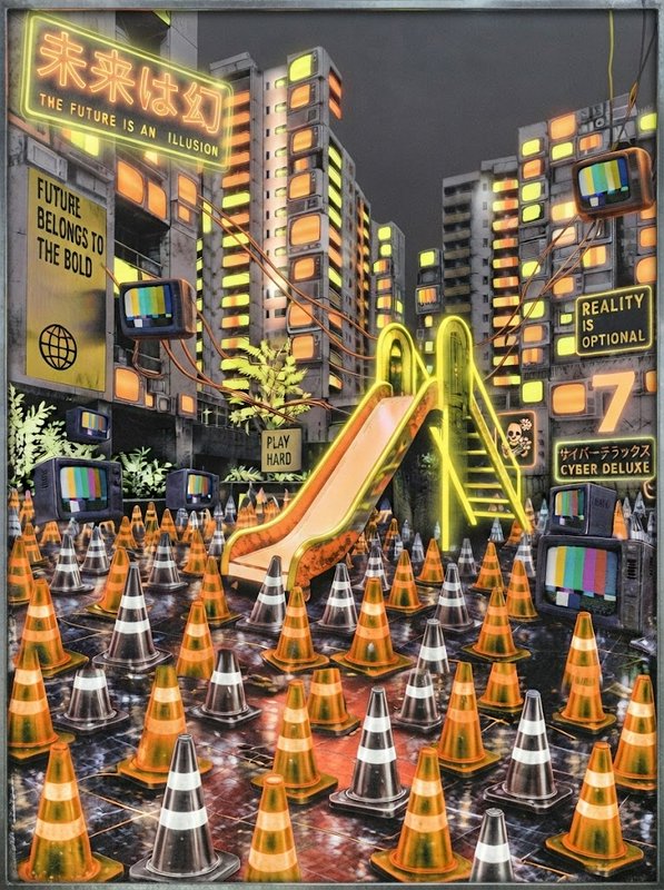 Surreal cyberpunk city plaza with a glowing neon slide, traffic cones, vintage CRT TVs, and dystopian neon signage