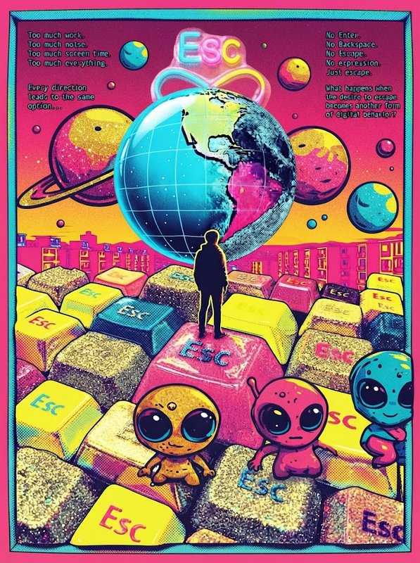 Silhouetted person stands on giant ESC keyboard keys with cute aliens under a bright cosmic digital sky