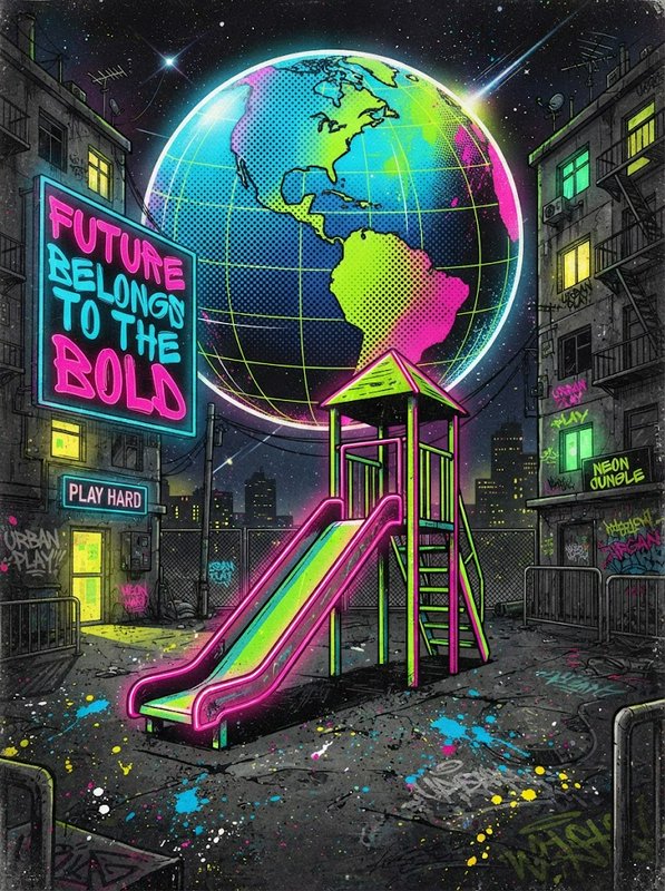 Neon lit playground slide sits between graffiti apartment buildings under a giant glowing Earth at night
