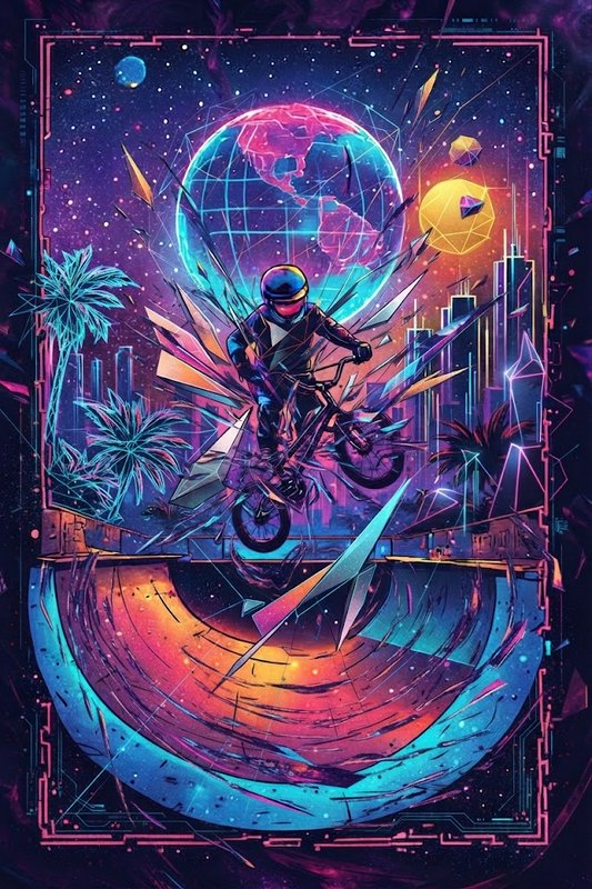 Helmeted BMX rider catching air above a neon skate ramp against a surreal cosmic cyberpunk backdrop