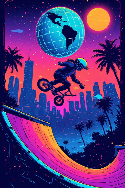 BMX rider mid-air off a neon gradient ramp, above a synthwave city skyline with a floating glowing globe