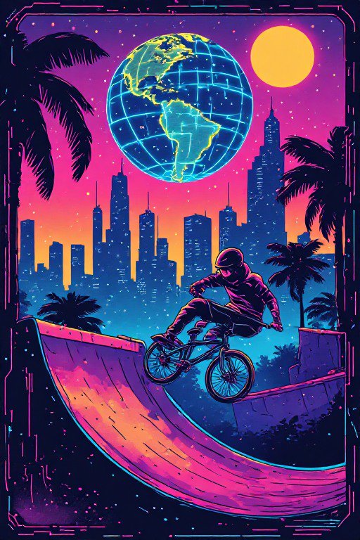BMX rider catches air on a ramp against a neon cyberpunk skyline with a glowing digital globe overhead