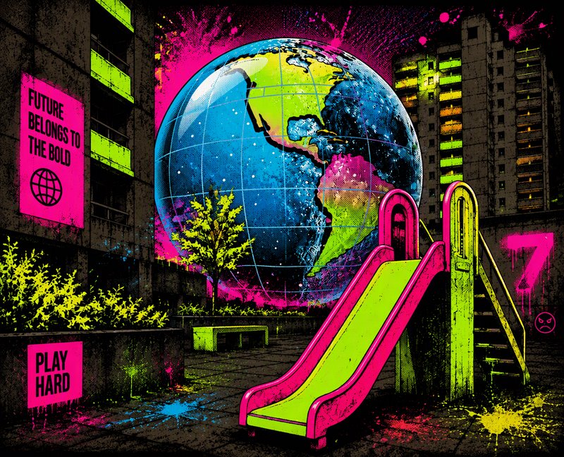 Giant stylized Earth looms behind a neon playground slide in a graffiti-covered urban housing courtyard