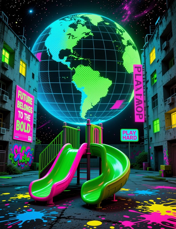 Glowing neon cyberpunk playground sits under a floating hologram globe in a starry urban alley