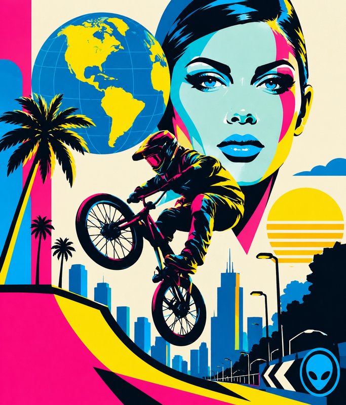 Pop art collage of a mid-air BMX rider paired with a stylized female portrait, globe, palm trees and city skyline