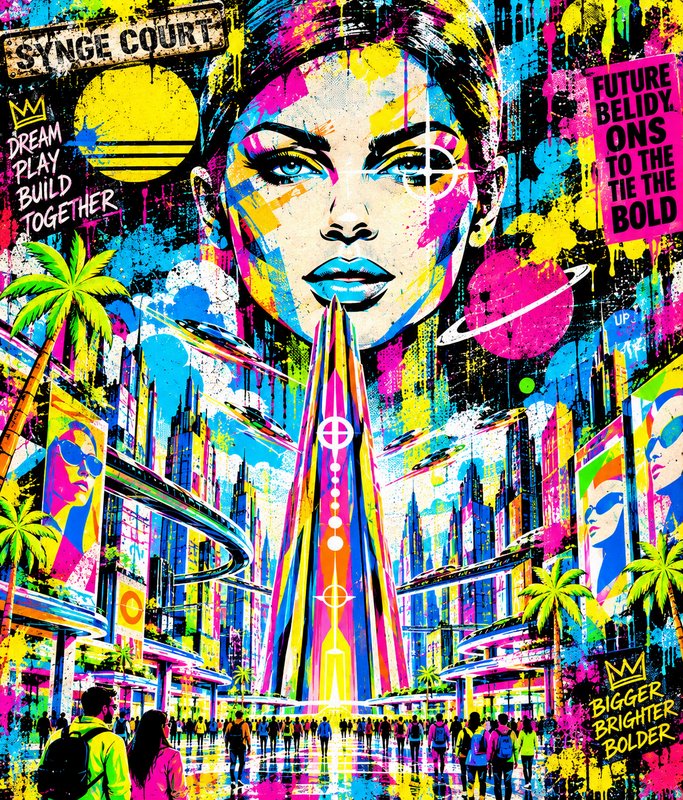 Vibrant pop art futuristic cyberpunk cityscape with a giant stylized female face overlooking busy downtown