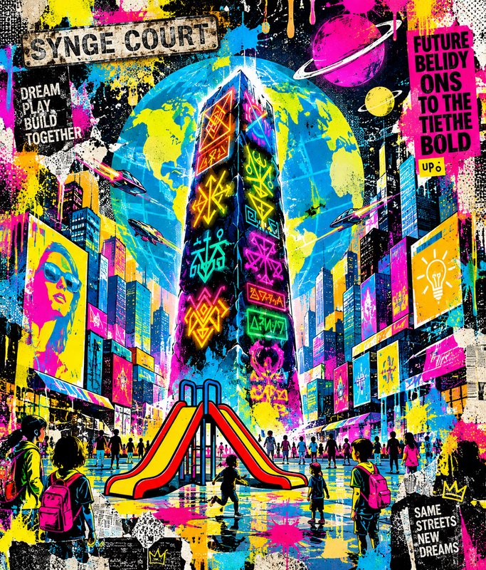 Vibrant graffiti-style futuristic cyberpunk city plaza with a playground slide and glowing neon obelisk