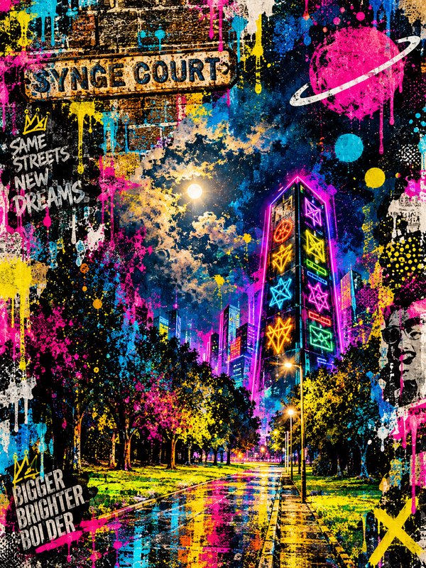 Vibrant graffiti-style cyberpunk night city street with neon skyscrapers, paint drips, and Synge Court street sign