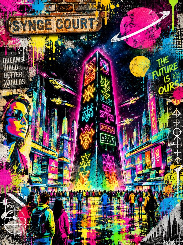 Vibrant graffiti-style cyberpunk cityscape centered on a glowing neon rune obelisk under a cosmic sky