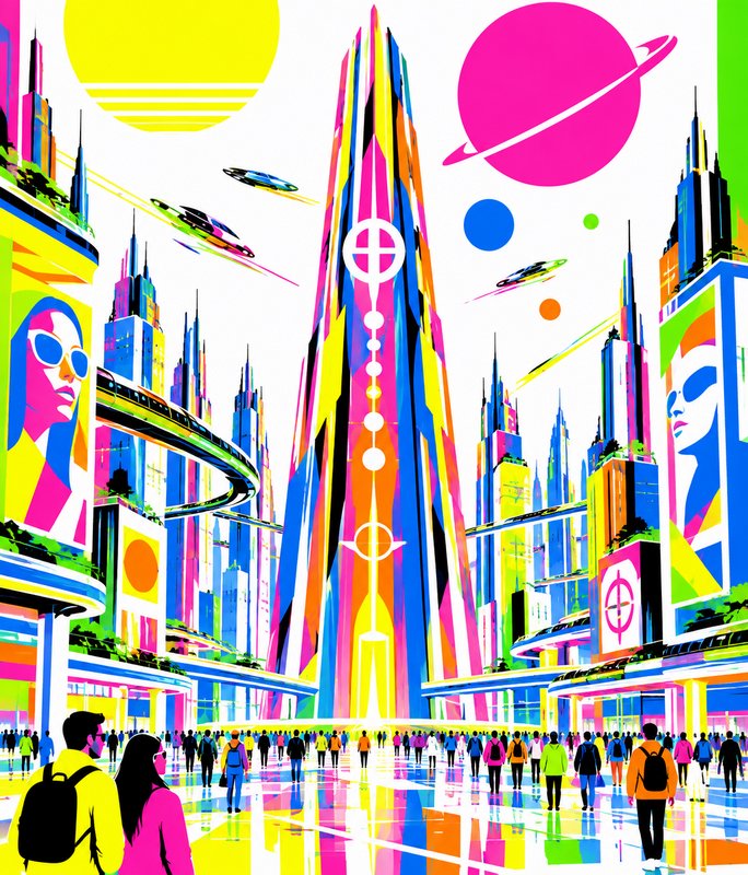 Vibrant pop art futuristic city plaza with crowds, central spire, flying craft and colorful planets overhead