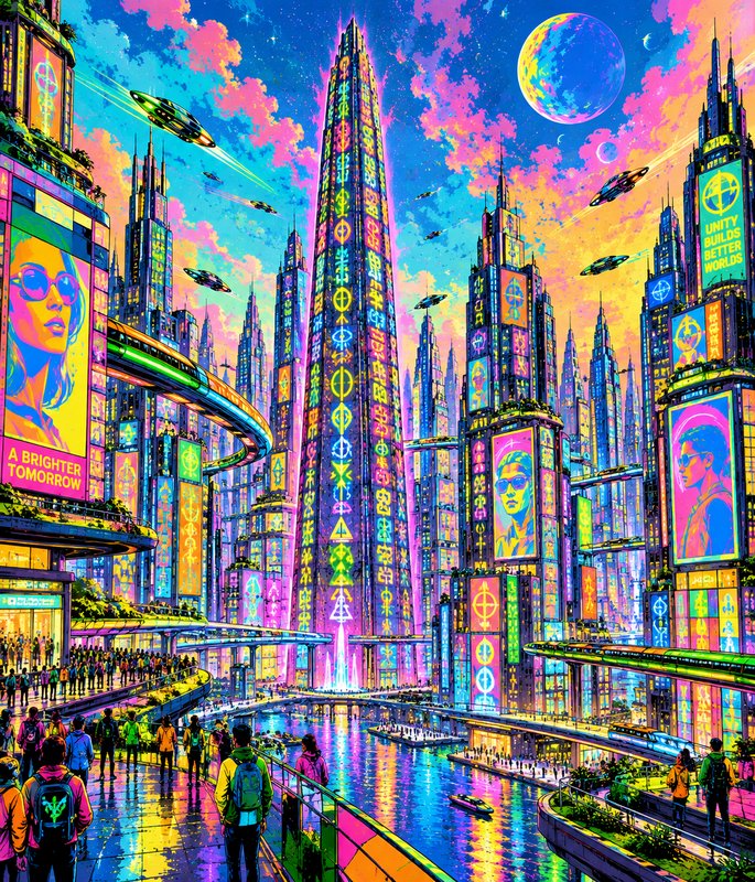 Vibrant neon cyberpunk futuristic city with glowing skyscrapers, hover craft, and a colorful sunset sky with a large