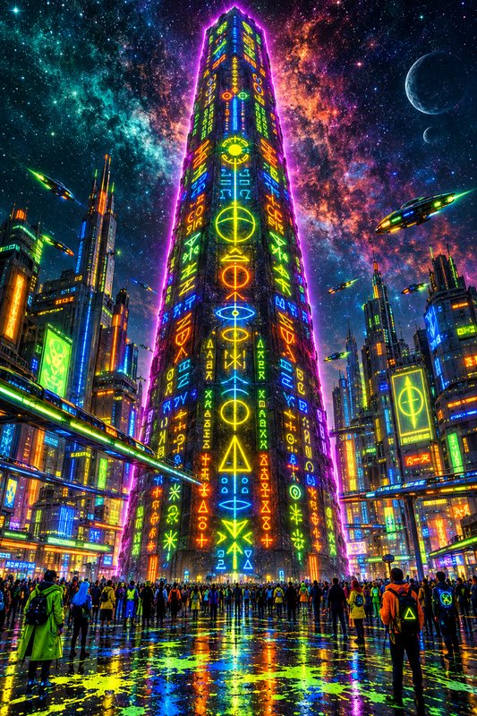 Towering neon alien obelisk dominates a crowded cyberpunk city under a glowing nebula night sky