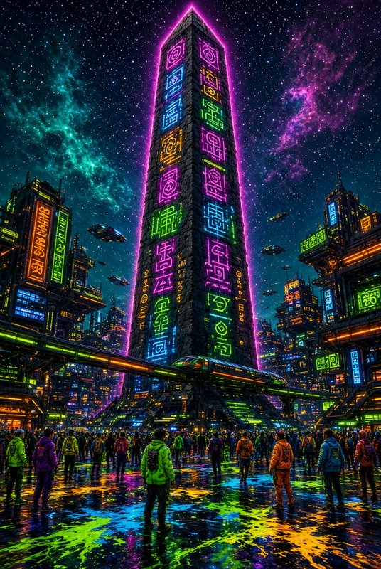 Glowing neon cyberpunk obelisk towers over a crowded futuristic city plaza under a starry nebula sky
