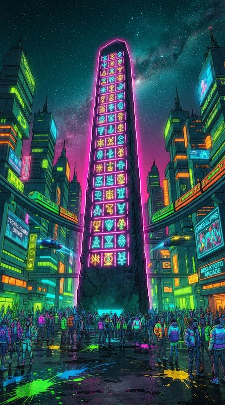 Glowing neon cyberpunk obelisk covered in hieroglyphs towers over a crowded futuristic night city plaza