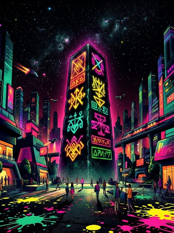 Towering neon rune obelisk anchors a busy cyberpunk city plaza under a starry night sky