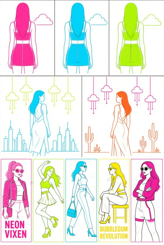Multi-panel neon line art fashion character sheet showing stylized women in coordinated bright outfit palettes