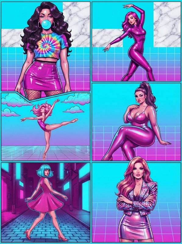 Six panel vaporwave comic grid of diverse stylish women in bold retro fashion