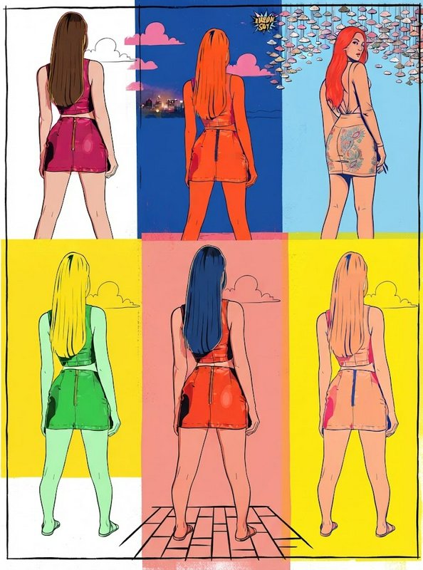 Six pop art comic panels depicting women in matching crop top mini skirt sets across varied color schemes