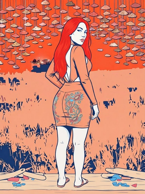 Stylized illustration of a long red-haired woman looking over her shoulder in a surreal orange landscape