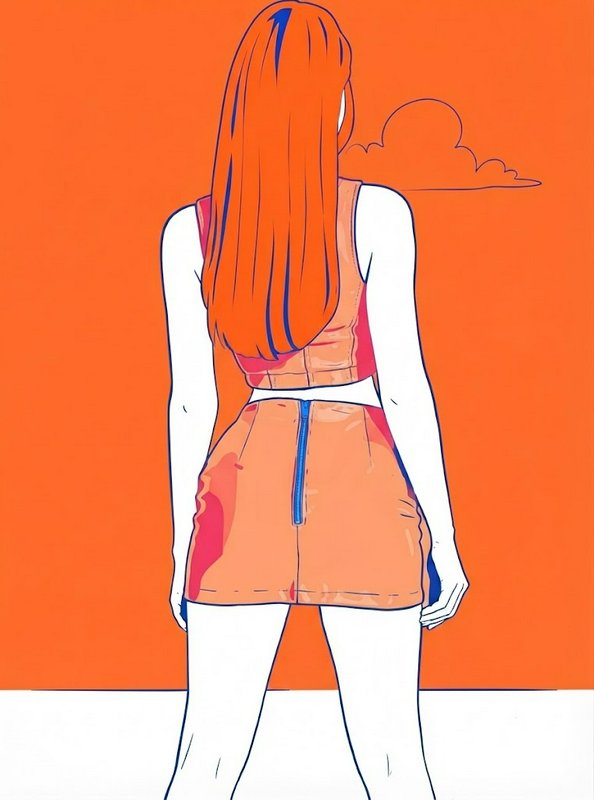 Line art illustration of a long red-haired woman viewed from behind against a bright orange background