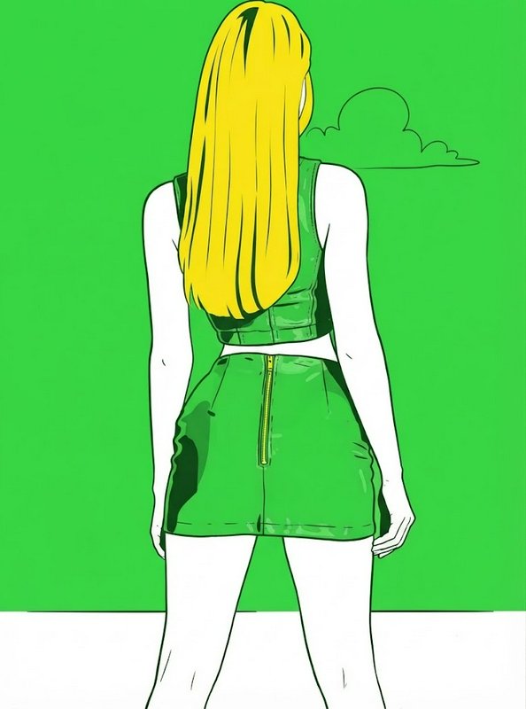Back view illustration of a long blonde haired woman in a matching green outfit against a bright green background
