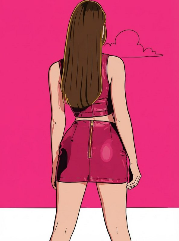 Woman with long brown hair viewed from behind, wearing a pink two-piece outfit against a bright pink backdrop