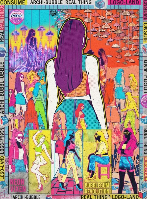 Surreal pop art illustration of a tall purple-haired woman surrounded by stylized figures in a neon consumer-themed scene