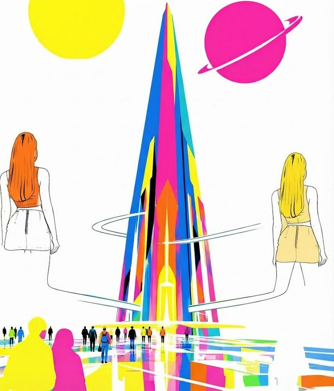 Vibrant pop art illustration of a rainbow futuristic spire with visitors, sun and ringed planet overhead