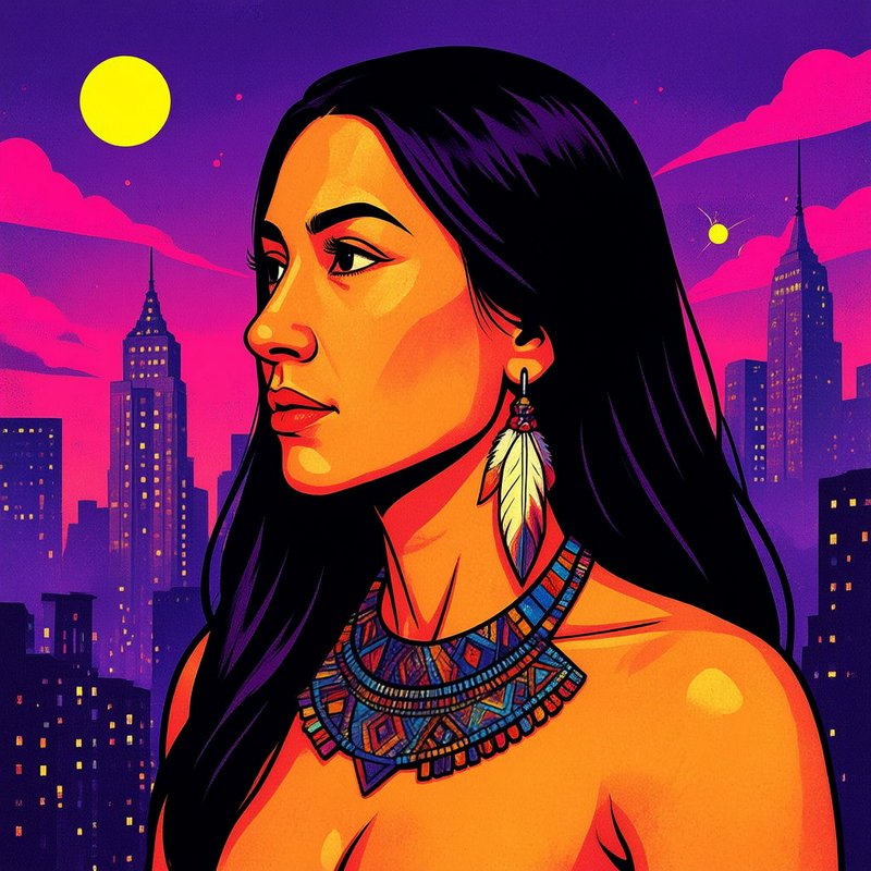 Portrait of Indigenous woman with feather jewelry against neon night city skyline