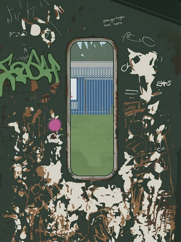 Peeling graffitied old metal door window frames a view of a suburban backyard