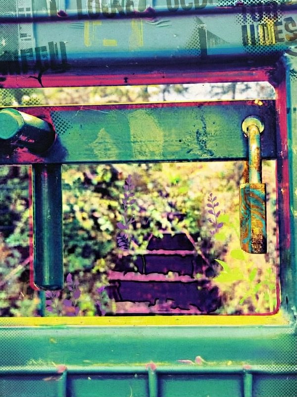 Psychedelic glitch art view through a locked weathered metal gate framing overgrown foliage