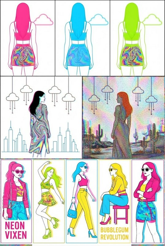 Vibrant Y2K fashion illustration collage of stylized women in bright neon and iridescent retro outfits