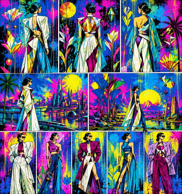 Comic panel grid showing a woman in bold futuristic high fashion against vibrant neon psychedelic sci-fi backdrops