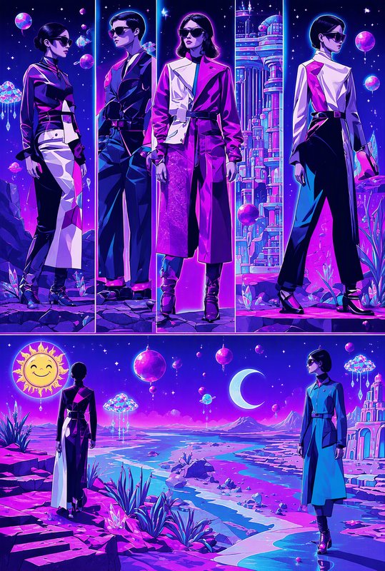 Retro-futuristic panel collage of stylish cyberpunk fashion figures set against a surreal neon alien landscape
