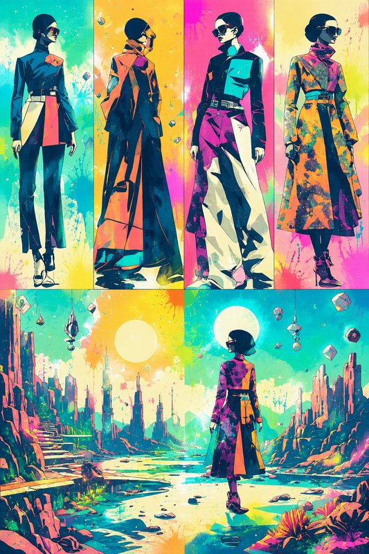 Paneled collage of futuristic fashion portraits above a surreal alien landscape in bright pop art style